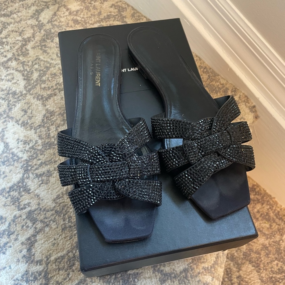 Black studded ysl tribute slippers